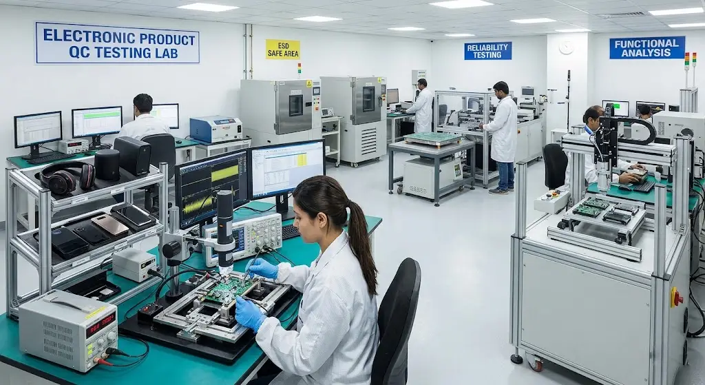 Technical inspection of open ear audio equipment using precise AQL testing instruments to verify durability.