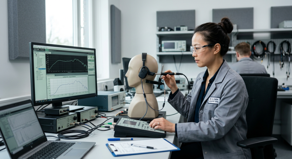 professional testing equipment analyzing bone conduction audio resonance in a lab
