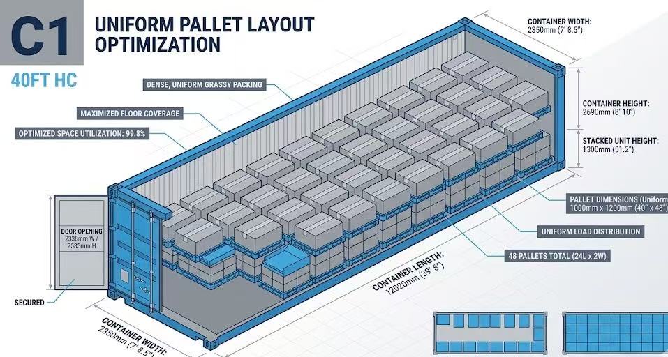 Industrial logistics optimization displaying geometric layout of heavy cargo boxes
