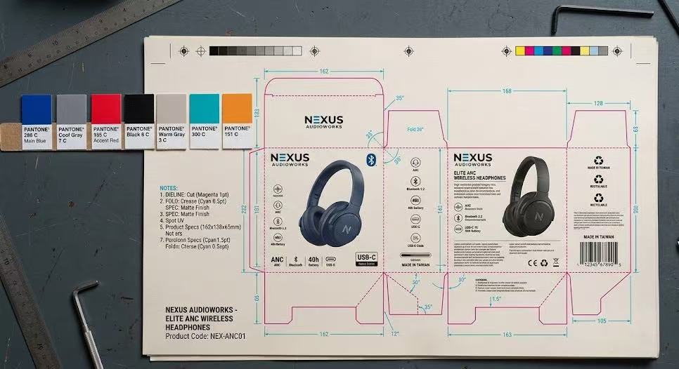 ODM bone conduction headphones retail packaging blueprint and manufacturing dielines