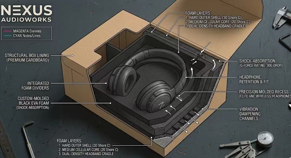 An open premium retail box showing custom molded high density black EVA foam inserts engineered for consumer electronics protection.