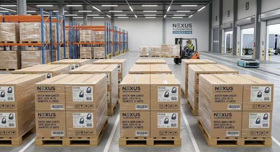 Securely stacked double wall corrugated export cartons on pallets inside a clean logistics warehouse with batch tracking labels.