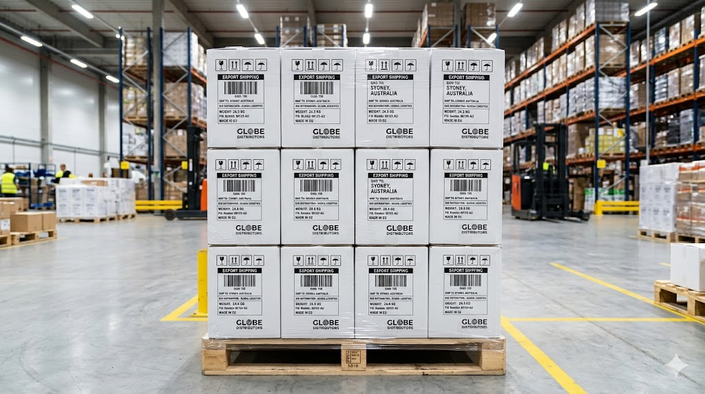 Standardized B2B export pallets of bone conduction headphones inside the manufacturing warehouse