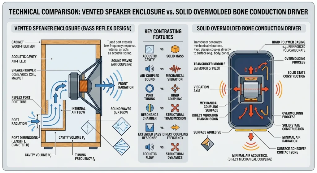 A detailed graphic comparing open acoustic chambers with solid overmolded enclosures to highlight moisture protection paths.