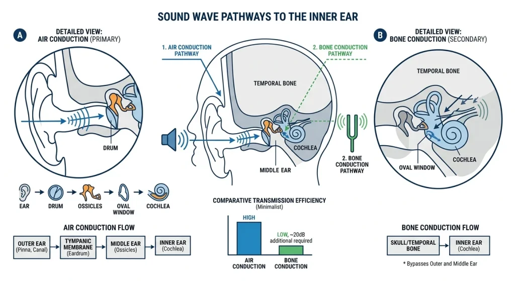 Technical diagram demonstrating sound wave transmission through temporal bone structure directly to the inner ear.