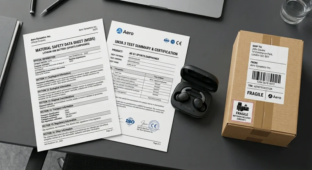 commercial trade documents beside wireless audio devices for international shipping