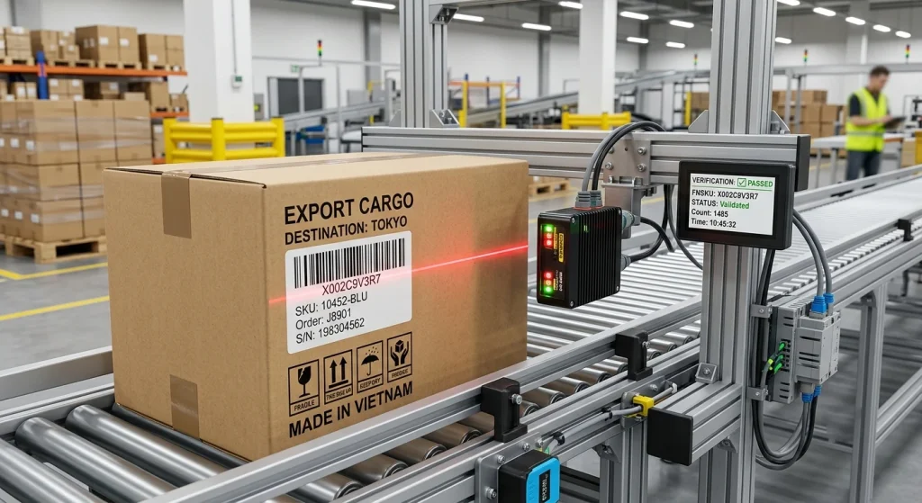 An automated barcode validation scan identifying logistics fulfillment labels on a sealed shipment box