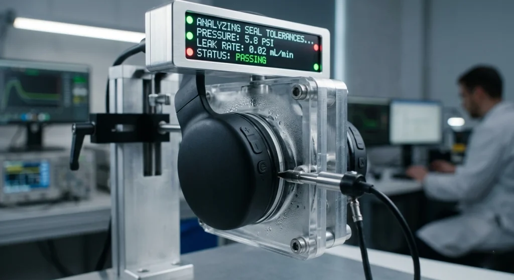 An automated testing setup evaluating mechanical seal tolerances under high pressure to ensure batch quality.