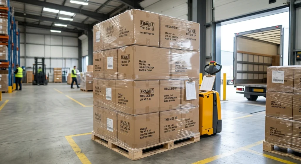 Securely packed export boxes prepared for international B2B dropshipping and white-label transit.