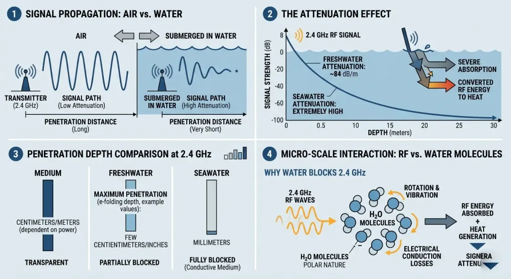 Technical illustration demonstrating why Bluetooth signals fail to penetrate liquid water.
