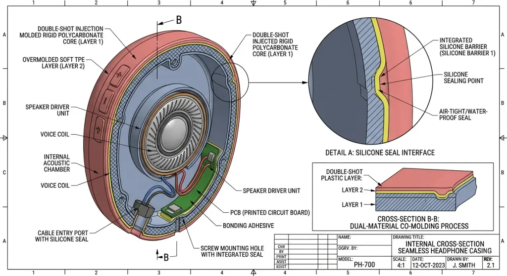 Technical visual reference illustrating double shot injection molded structure and watertight silicone layers.