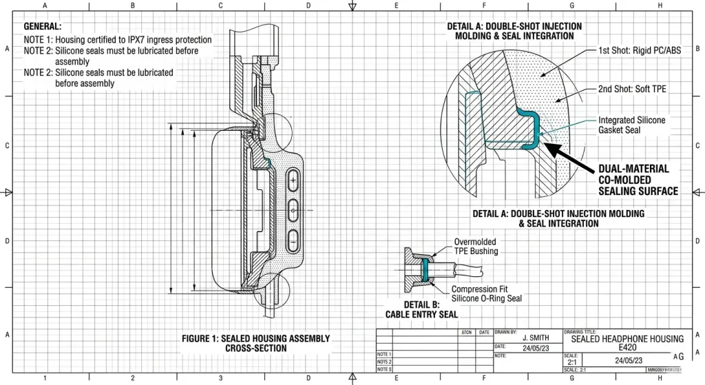 Technical visual reference detailing double shot injection molded casing and integrated silicone seals.