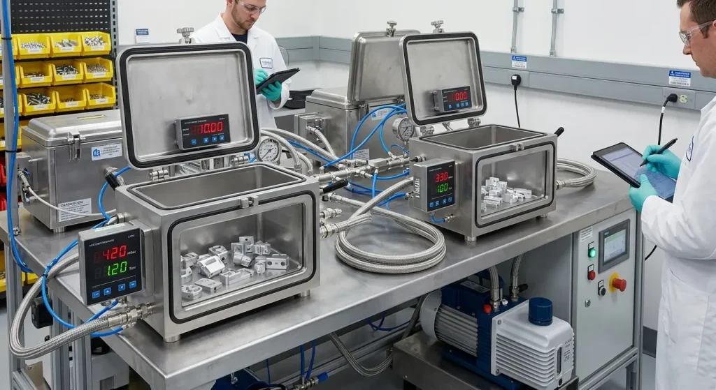 Automated vacuum leak decay testing machinery examining hardware batch integrity.
