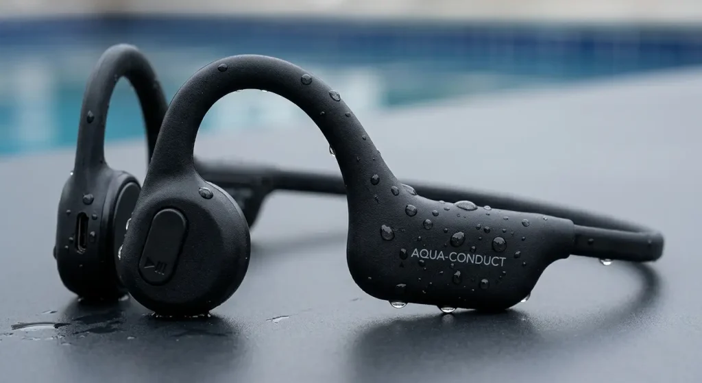 Professional bone conduction swimming headphones showing seamless waterproof silicone casing design.