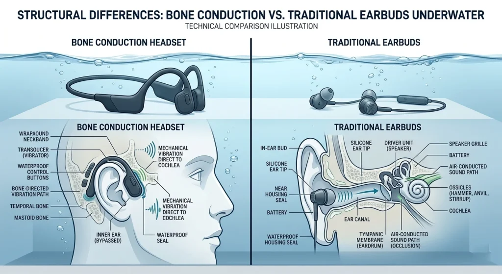 Underwater technical rendering showcasing the design differences between bone conduction and traditional earbud form factors.