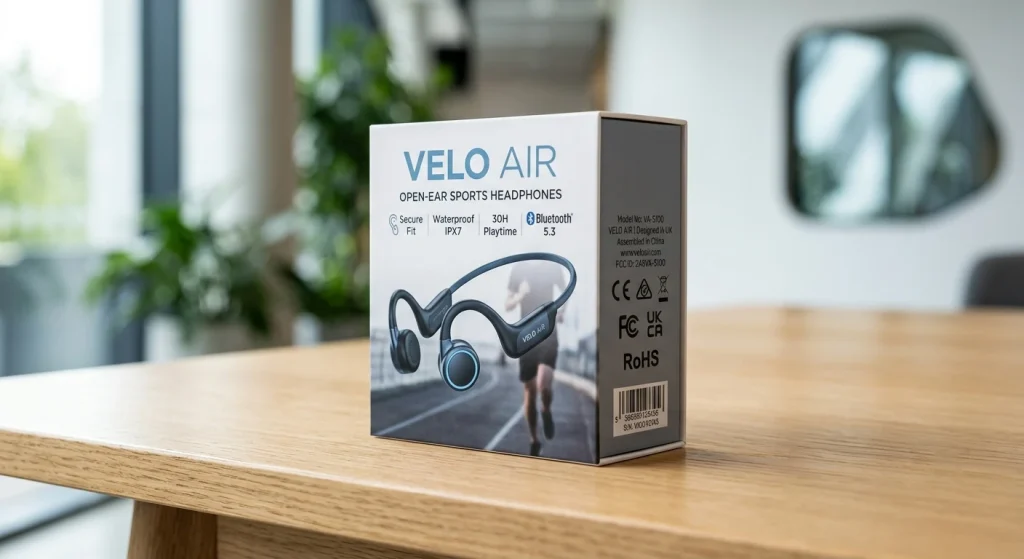 A minimalist retail packaging box for sports audio electronics showing clear regulatory conformity symbols