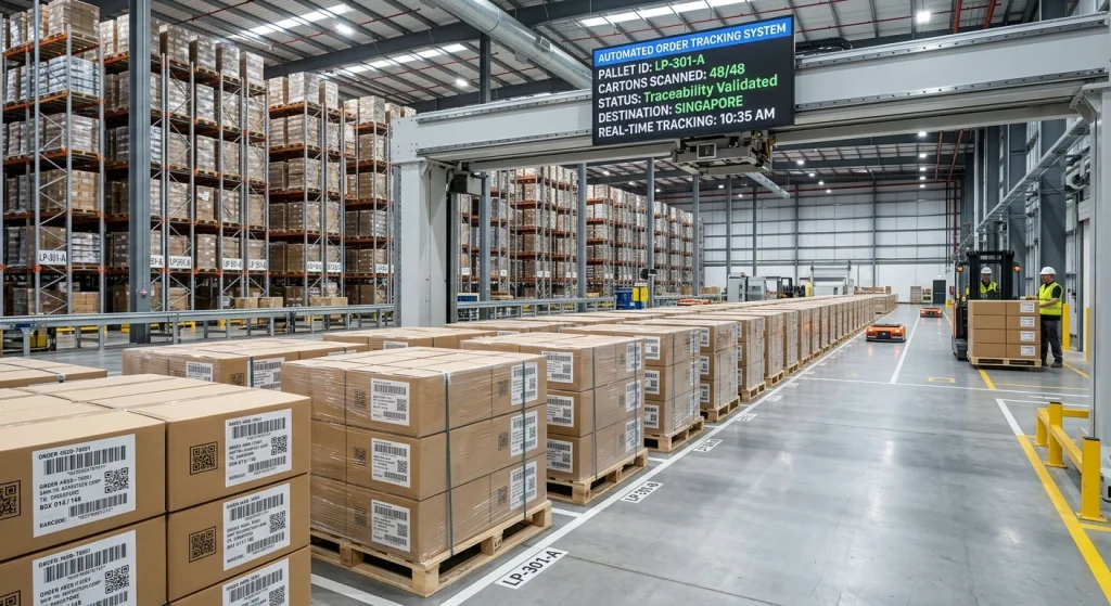 Standardized export shipping cartons with visible tracking barcodes stacked neatly on logistics distribution pallets
