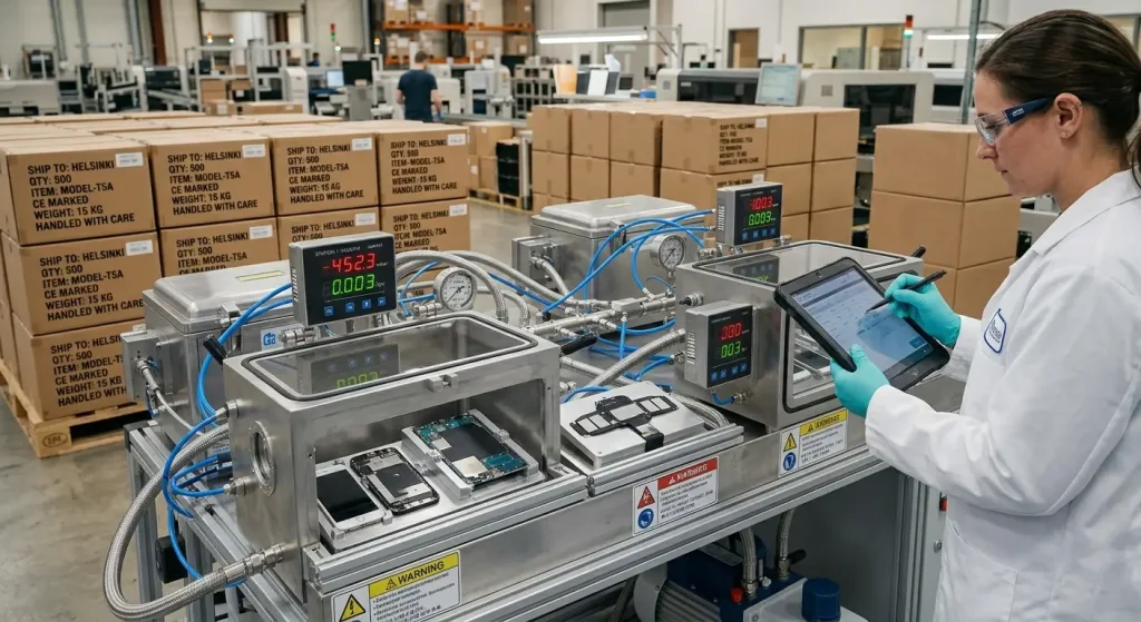 Automated industrial vacuum decay testing equipment verifying enclosure sealing compliance on the manufacturing line.