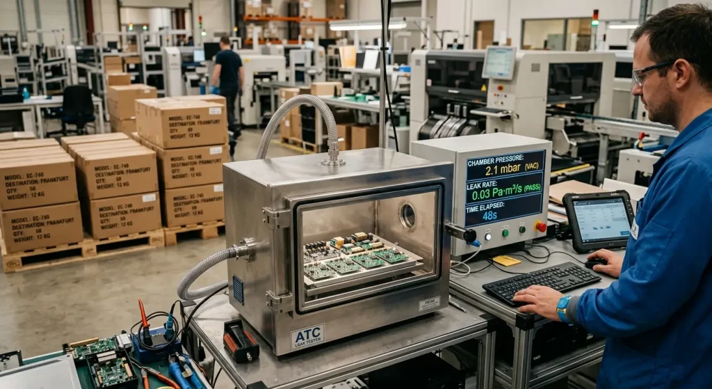 Automated industrial vacuum testing equipment validating enclosure integrity on the assembly line.