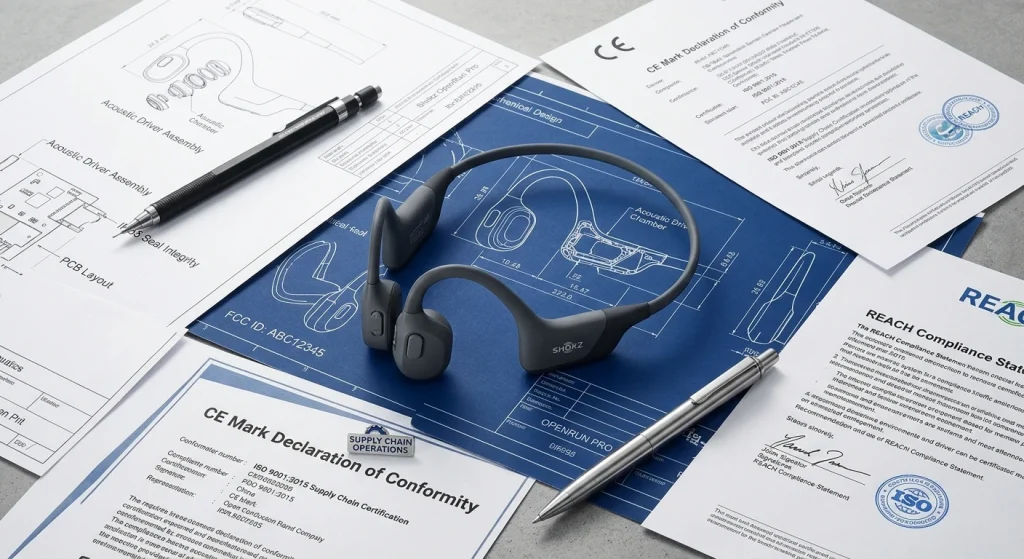 A modern wireless headset placed on regulatory compliance documents for USA market entry.