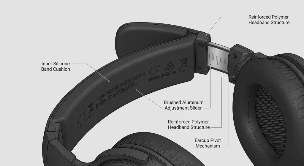 Technical detail showing mandatory FCC ID labeling permanently engraved on the internal band of a sports headphone.