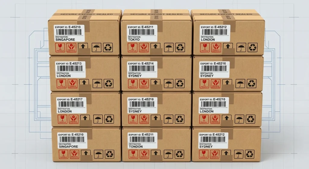 Secure cardboard export shipping parcels with scannable tracking barcodes prepared for international distribution logistics
