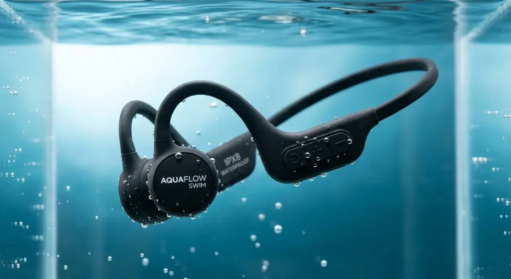 Professional waterproof headphones designed for aquatic training and swimming environments.