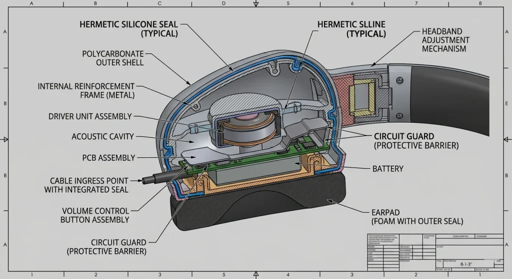 A technical cross-section schematic showing the internal silicone gasket layers for water defense.