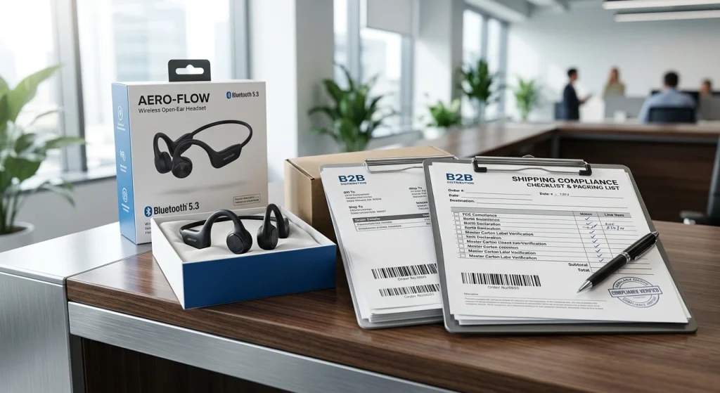 Sleek wireless headphones resting beside cargo transport safety documents for international delivery
