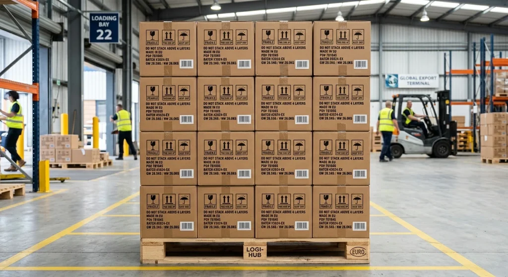 High-strength corrugated shipping boxes with technical markings organized neatly on a transit distribution pallet