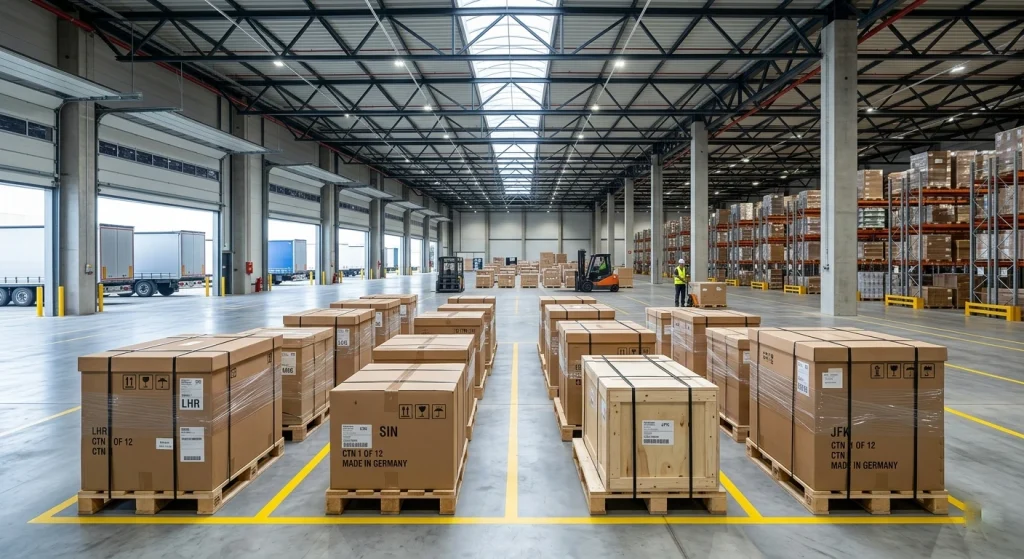 Secured export boxes arranged on distribution pallets for safe international freight shipping
