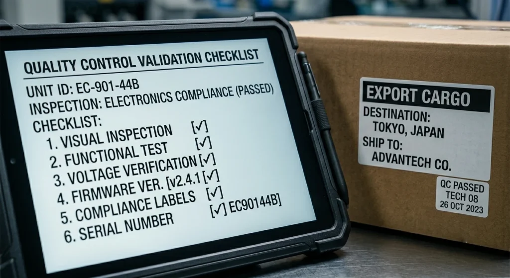 A technical quality control checkpoint with a digital compliance checklist next to export shipping cartons
