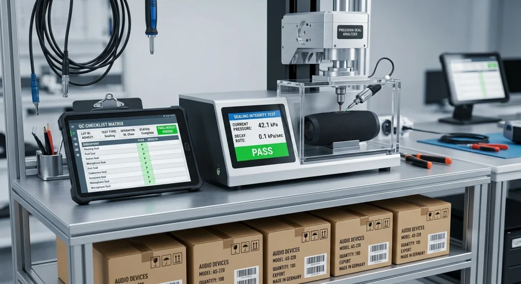 specialized quality control testing equipment checking waterproof sports audio device in an engineering facility