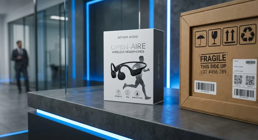 A premium product packaging box for wireless sports headphones optimized for secure international shipping channels