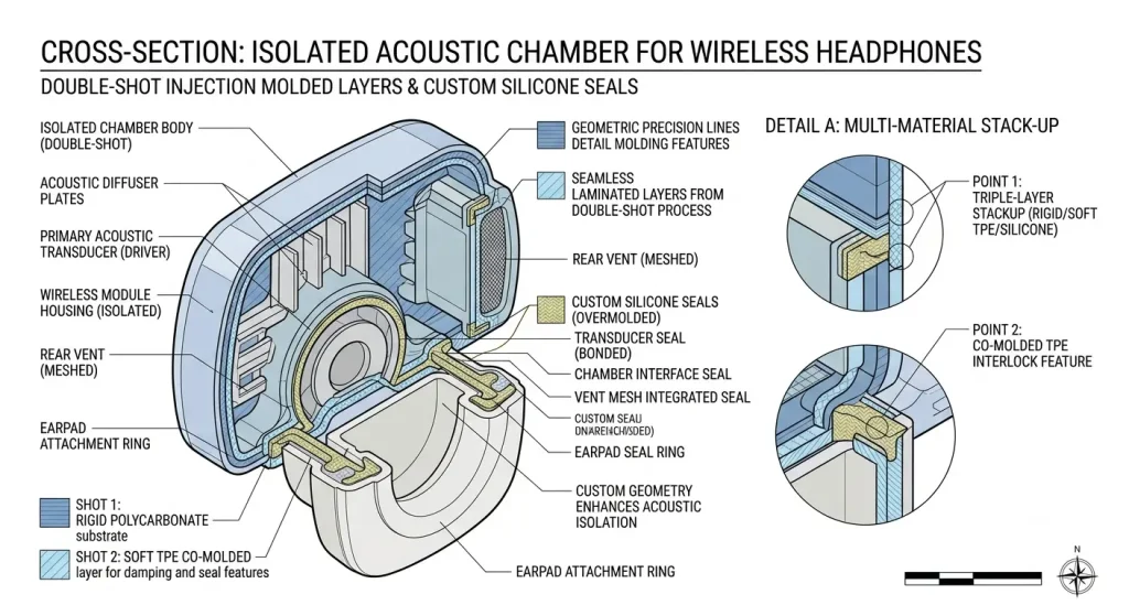 Technical cross-section illustration highlighting double-shot injection molding and silicone seal layout.