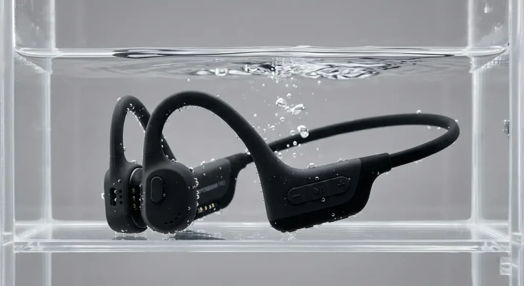 Certified IPX8 bone conduction swimming headphones submerged in water demonstrating seamless enclosure waterproofing.