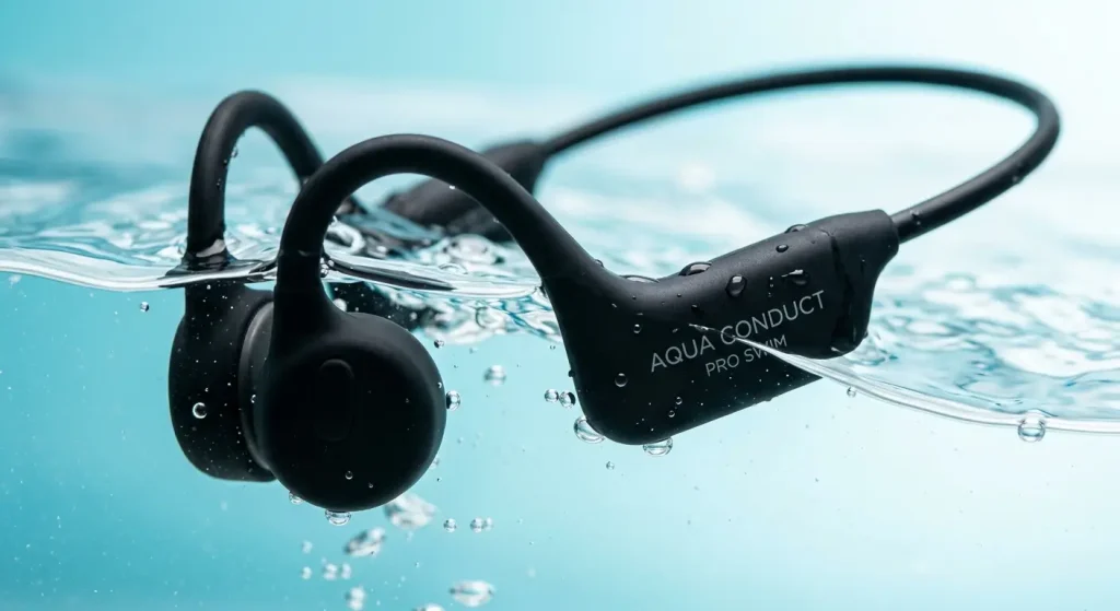 Certified IPX8 bone conduction swimming headphones undergoing submersion performance demonstration.