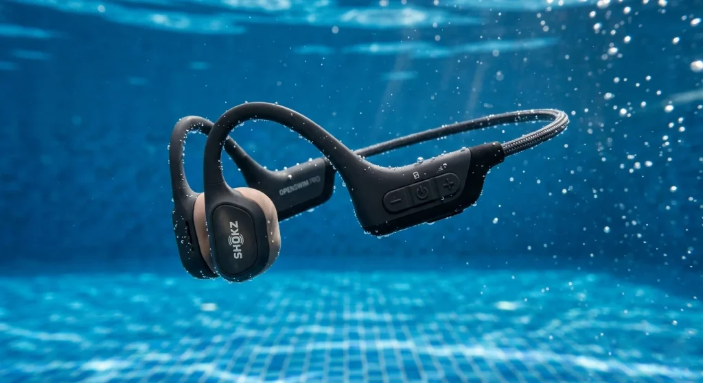 An underwater MP3 headphone submerged in clean water to demonstrate hydrostatic sealing capabilities.