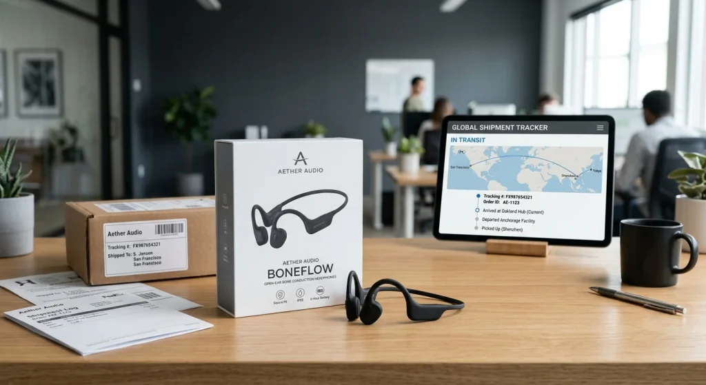 A minimalist wireless headphone retail box laid next to shipping compliance paperwork for international dropshipping verification