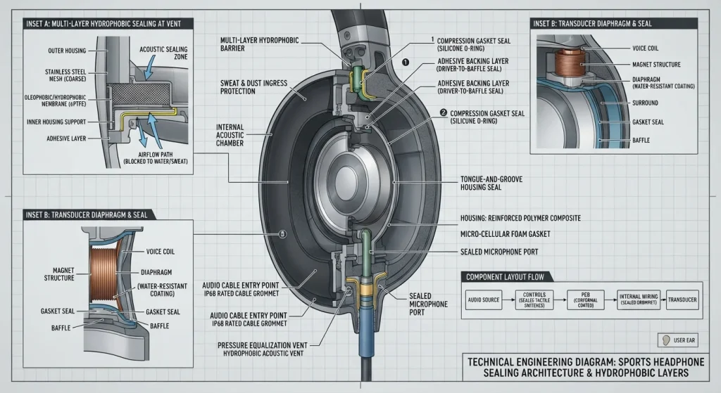 Transducer sealing structure / durable sports audio / engineering diagram