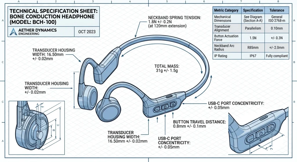 Engineering blueprint detail displaying structural assembly and dimensions of an open-ear sports headset for manufacturing evaluation.