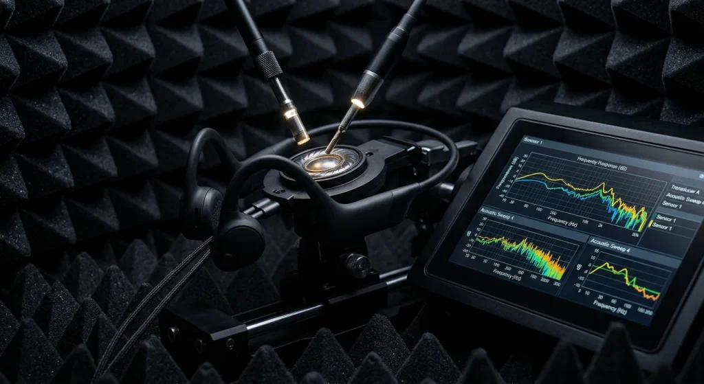 An automated testing analyzer verifying acoustic sound waves inside a specialized soundproof enclosure to eliminate audio variances