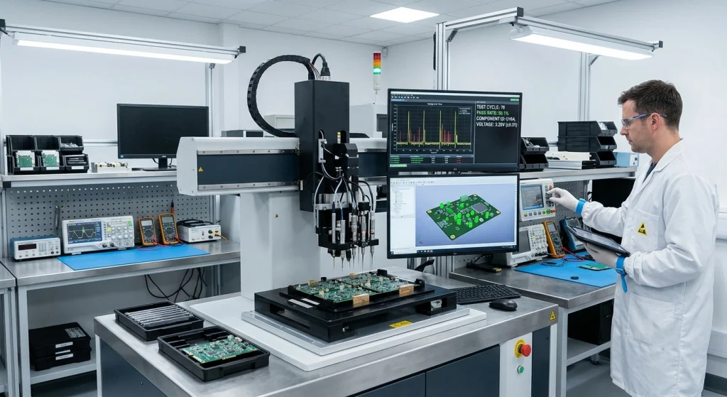 Technician validating power component metrics using digital testing arrays to ensure batch reliability before distribution.