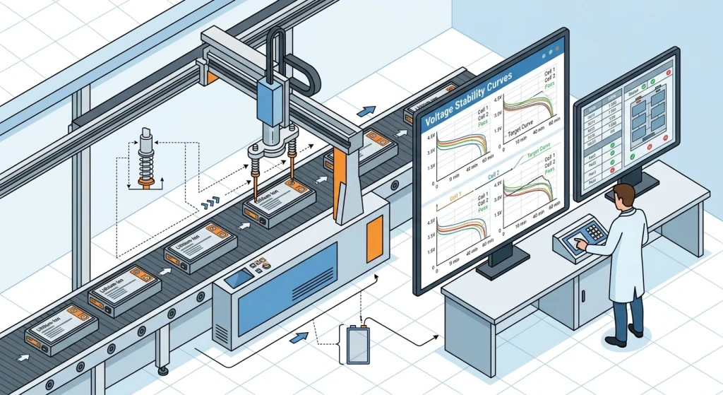 An isometric technical illustration showing an automated battery testing station, measuring voltage stability curves on digital monitor screens, crisp vector diagrammatic style.