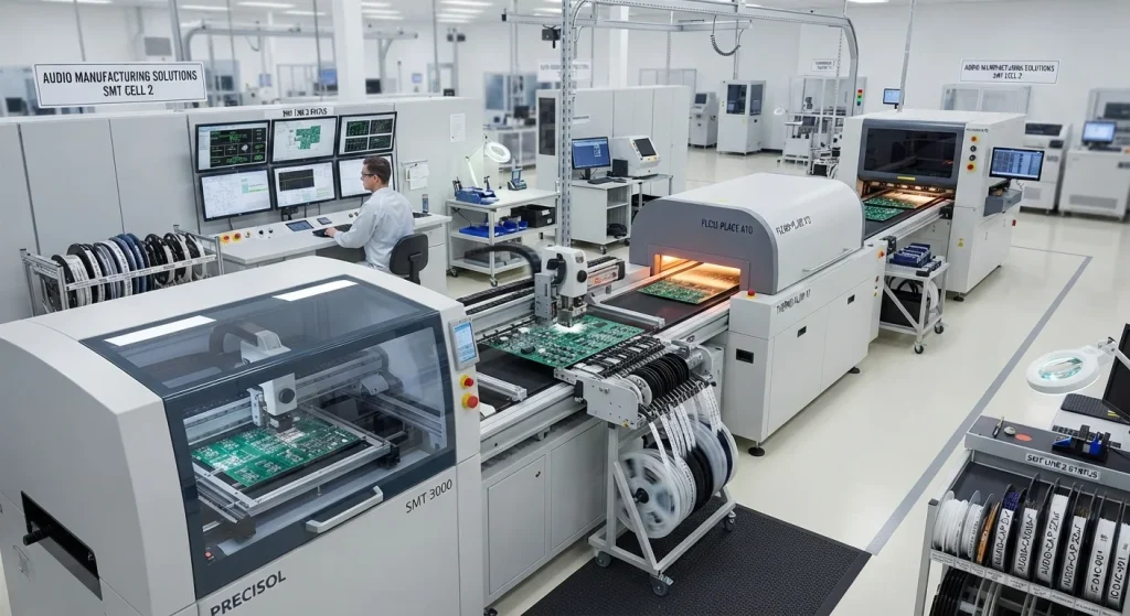 Precision electronics manufacturing / high volume production line / automated component assembly