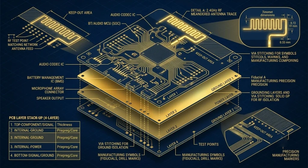High-precision engineering schematic detailing RF antenna trace and grounding layer on a wireless headphone PCB board