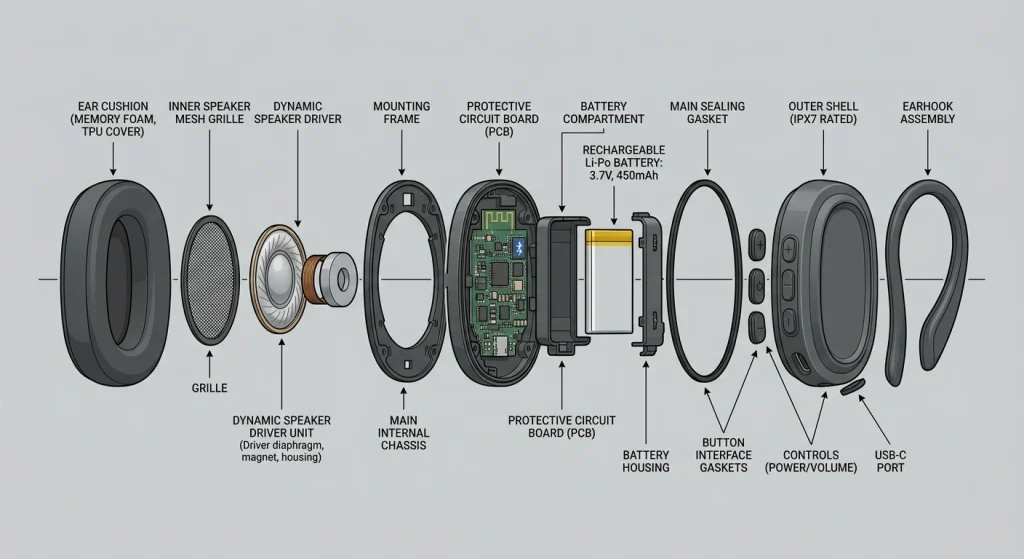 Cross-section diagram illustrating the internal lithium-polymer battery placement and waterproof sealing assembly in wireless audio hardware.