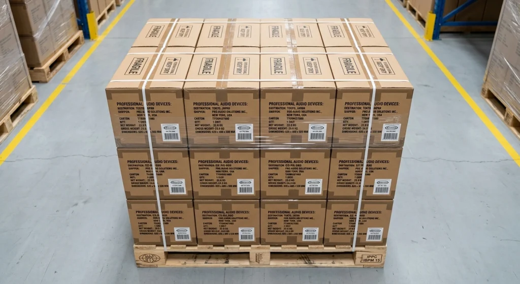Neatly stacked export cartons containing bone conduction headphones prepared for international maritime freight distribution.