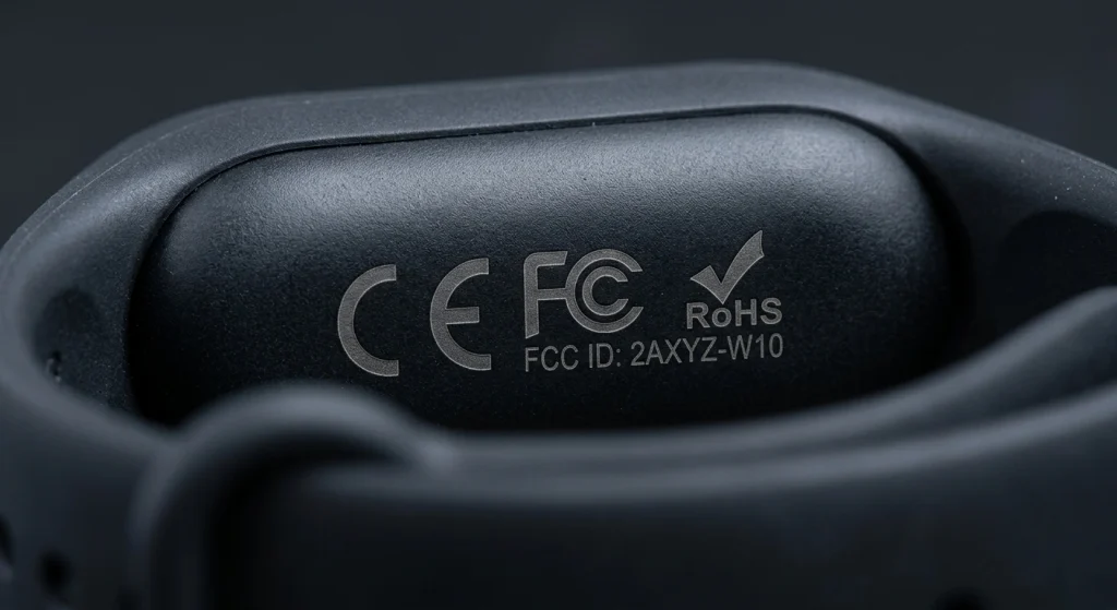 Close-up macro detail / engraved CE FCC and RoHS compliance stamps on a matte black wireless headset neckband / regulatory verification use