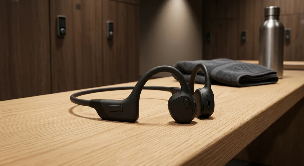 Sleek black bone conduction headphones / sitting on a wooden bench inside a premium fitness facility / gym product retail display